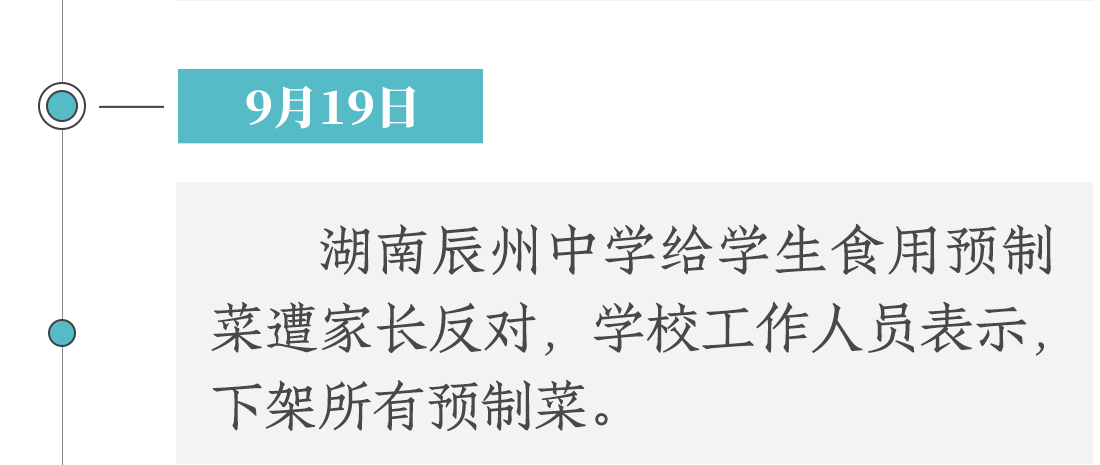 9月19日，湖南辰州中學(xué)使用預(yù)制菜遭家長(zhǎng)反對(duì)，學(xué)校工作人員表示下架所有預(yù)制菜。
