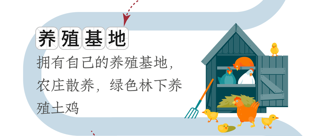 養殖基地。擁有自己的養殖基地，農莊散養，綠色林下養殖土雞