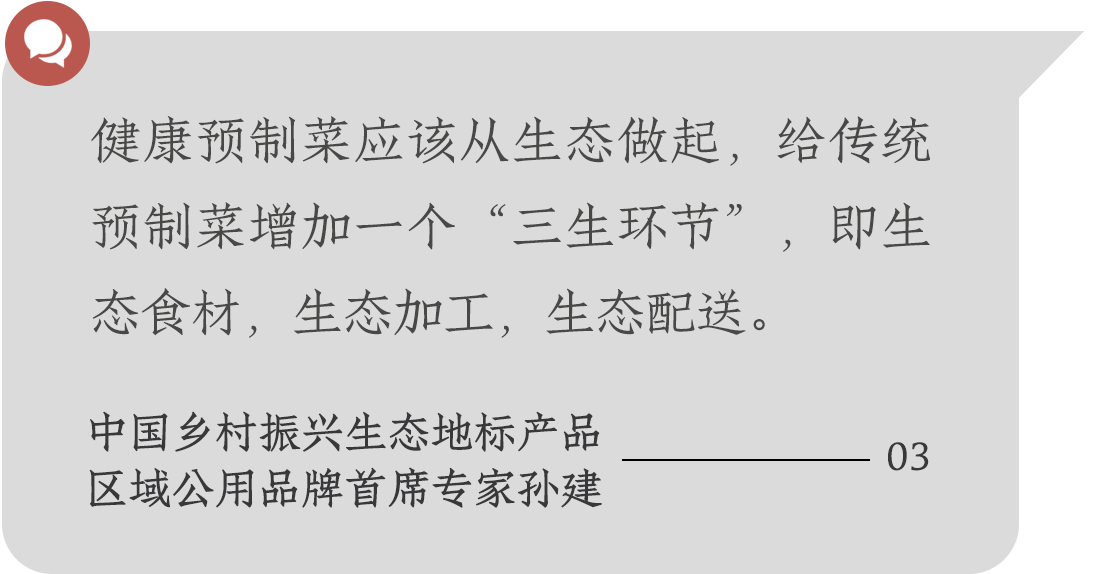 健康預制菜應該從生態做起，給傳統預制菜增加一個“三生環節”，即生態食材，生態加工，生態配送。中國鄉村振興生態地標產品
區域公用品牌首席專家孫建